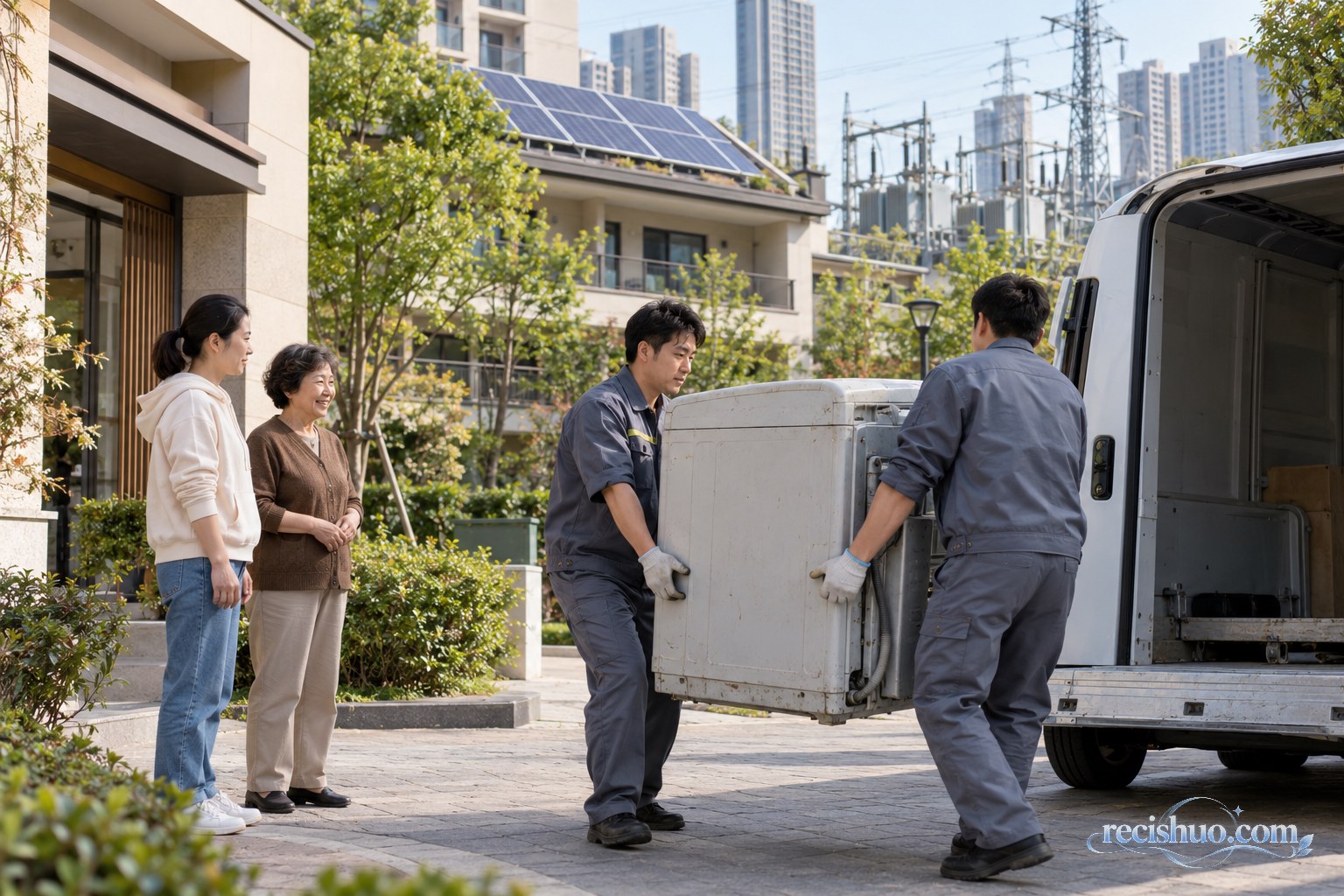 社区工作人员搬运旧家电准备回收,屋顶光伏板和配电设施出现在背景中