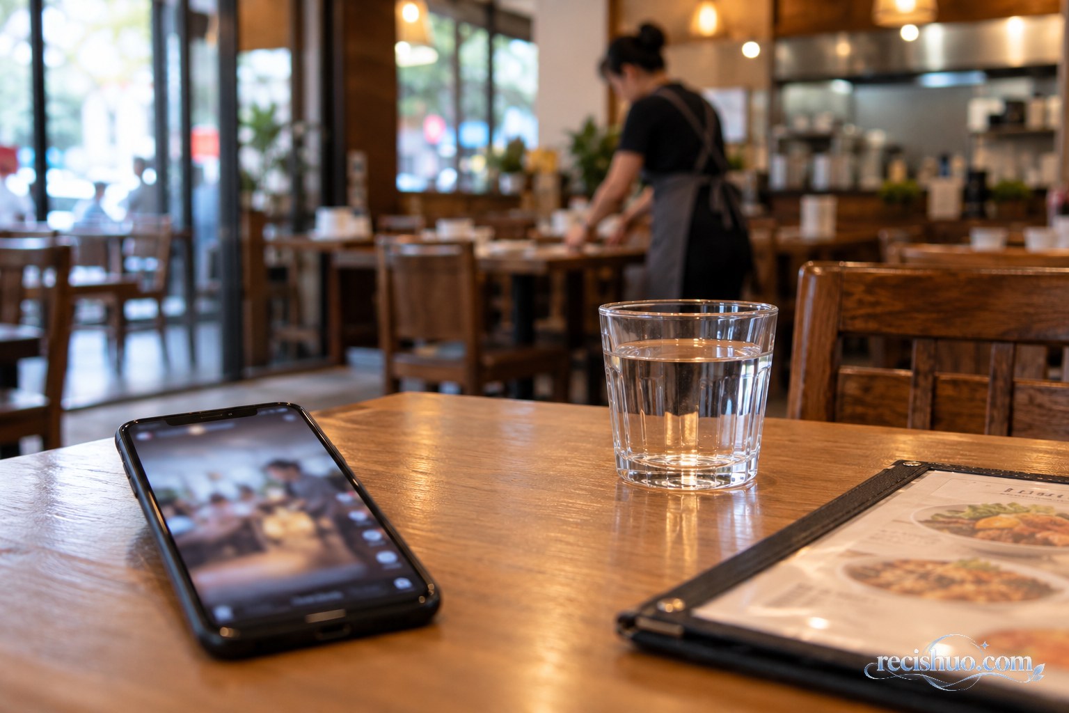餐馆桌面摆放手机、菜单和水杯，店员在背景中整理桌椅